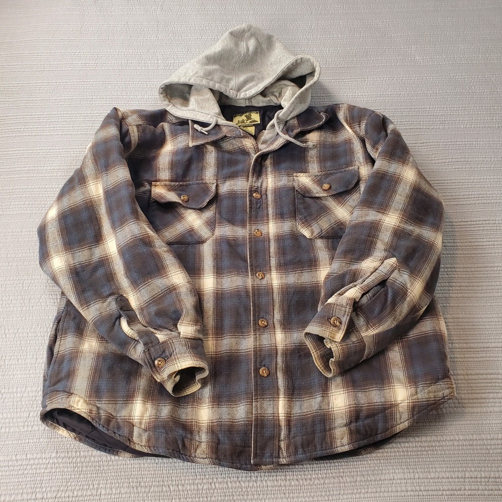 Field & Stream Flannel Shirt Jacket Mens XL Blue Plaid Quilted Hooded Shacket